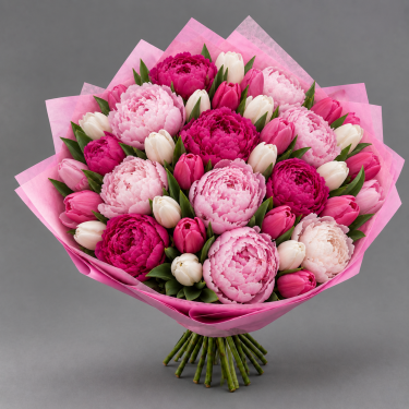 Букет бело-розовых тюльпанов и пион