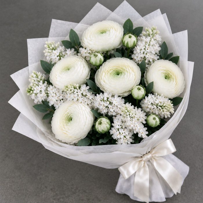 Букет из белой сирени и ранункулюсов, фото 2